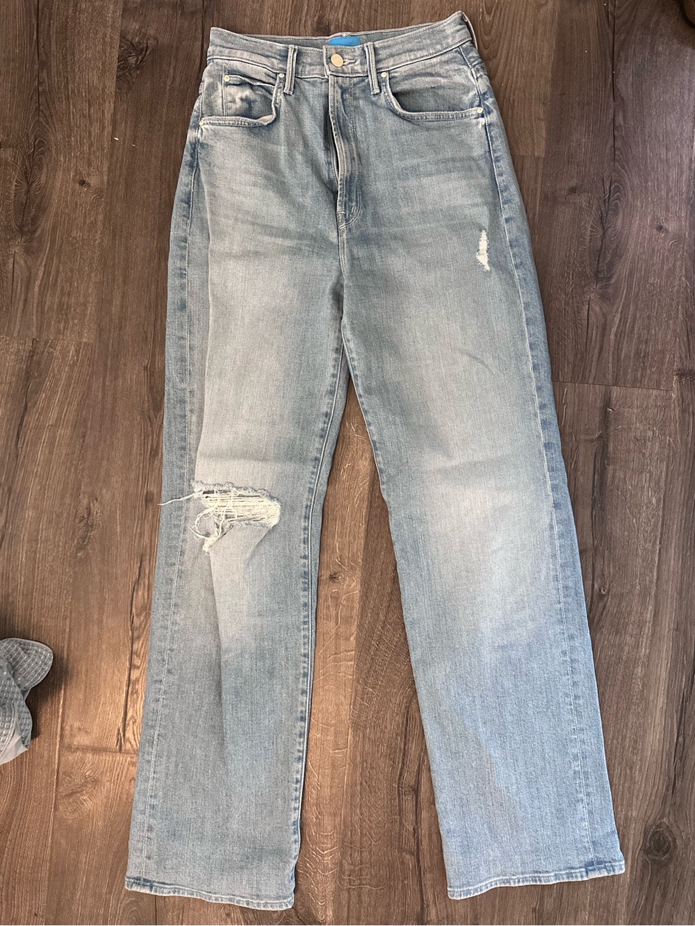 MOTHER Light Blue Straight-Leg Jeans with Distressed Knee